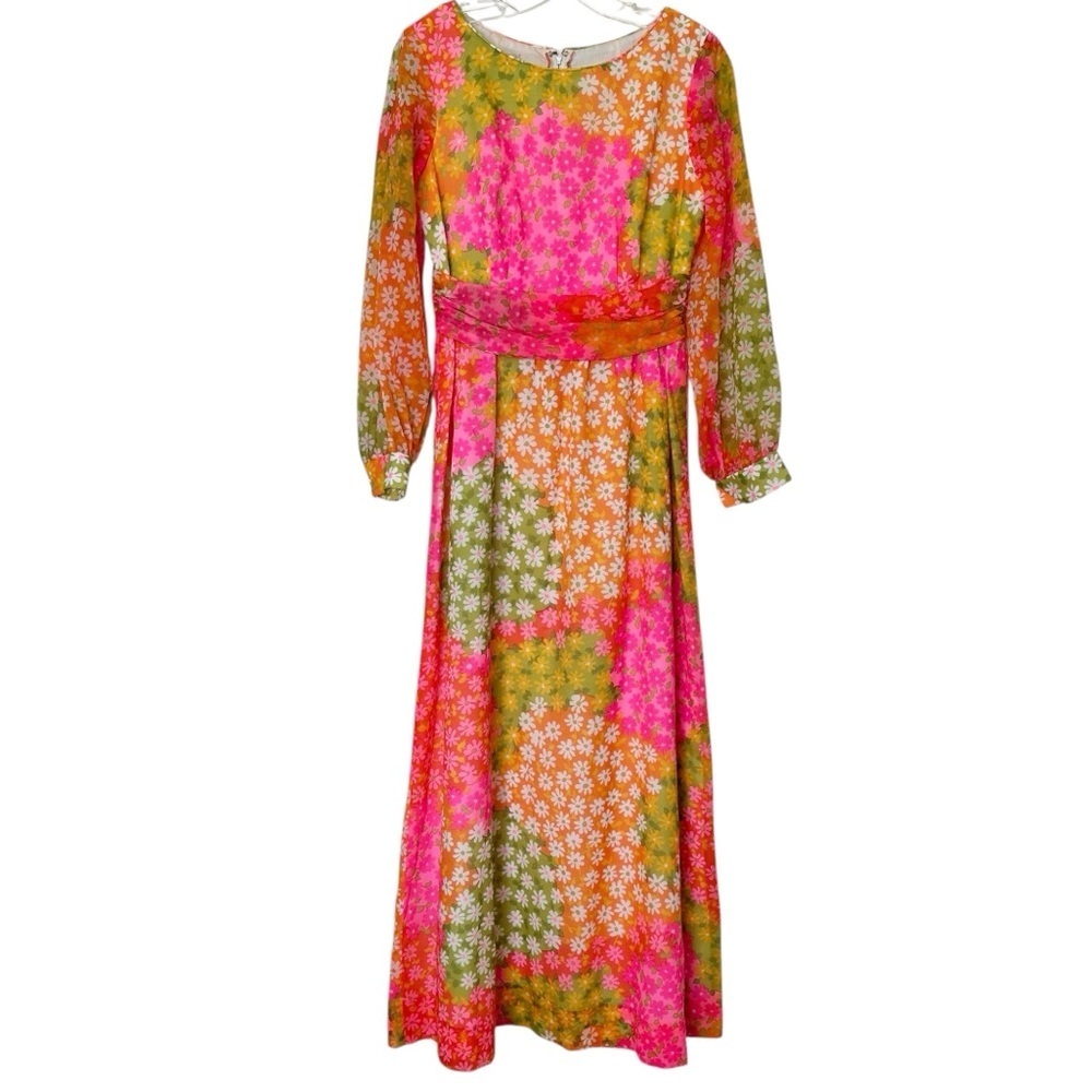 Vintage Colorful Floral Long Sleeve Maxi Dress Pink, Orange, Green